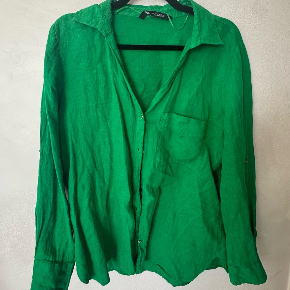 Zara Emerald Green Linen Button-Up